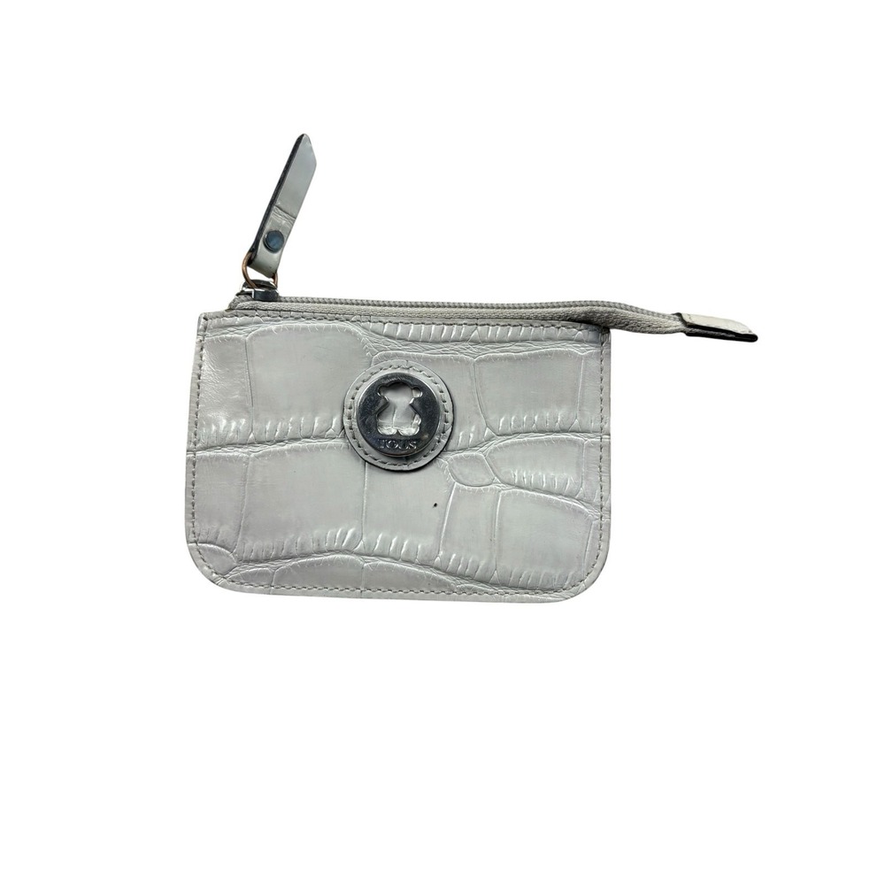 TOUS White Croc Embossed Leather Zip Coin Purse Keychain Wallet